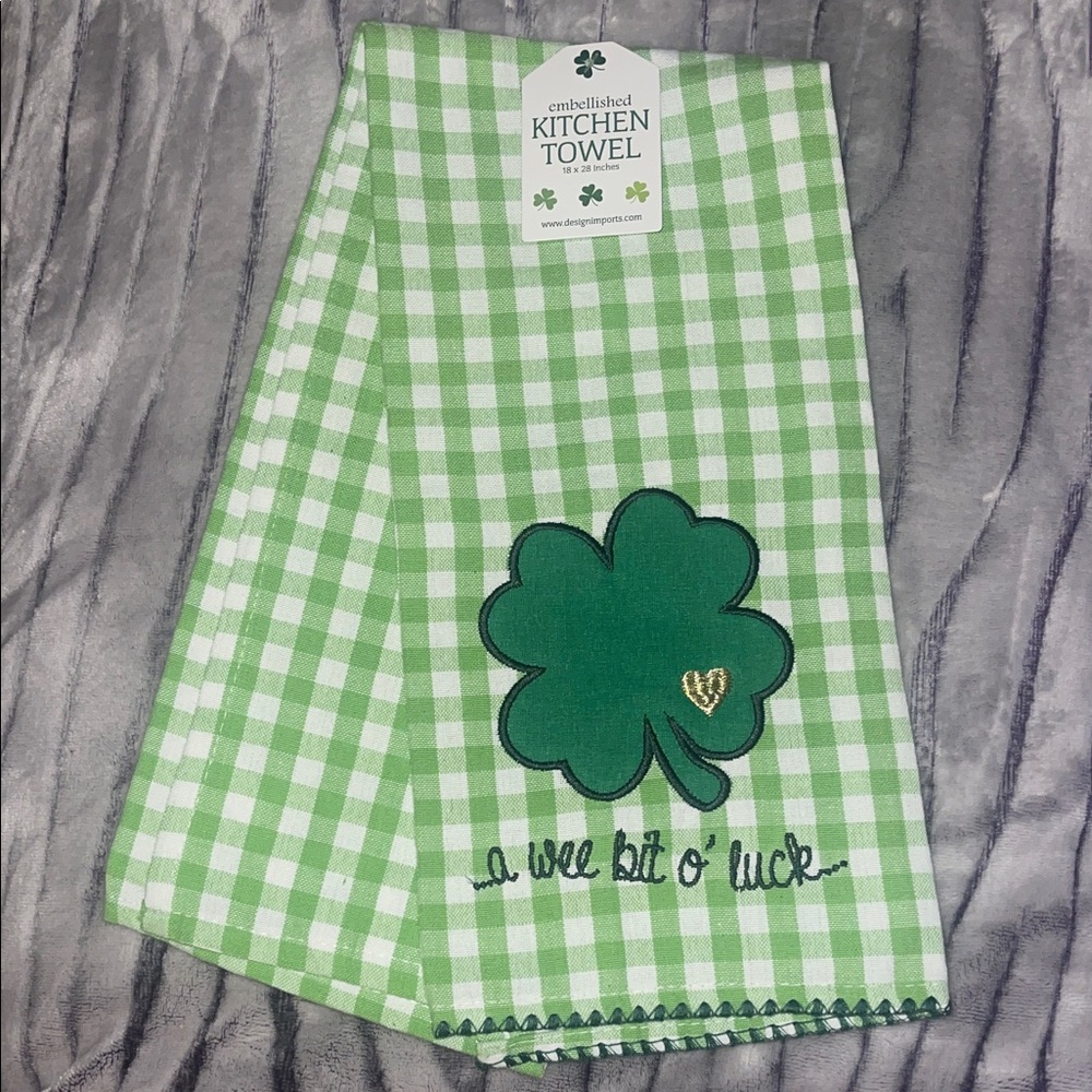 Embellished Green Gingham Kitchen Towel with Shamrock